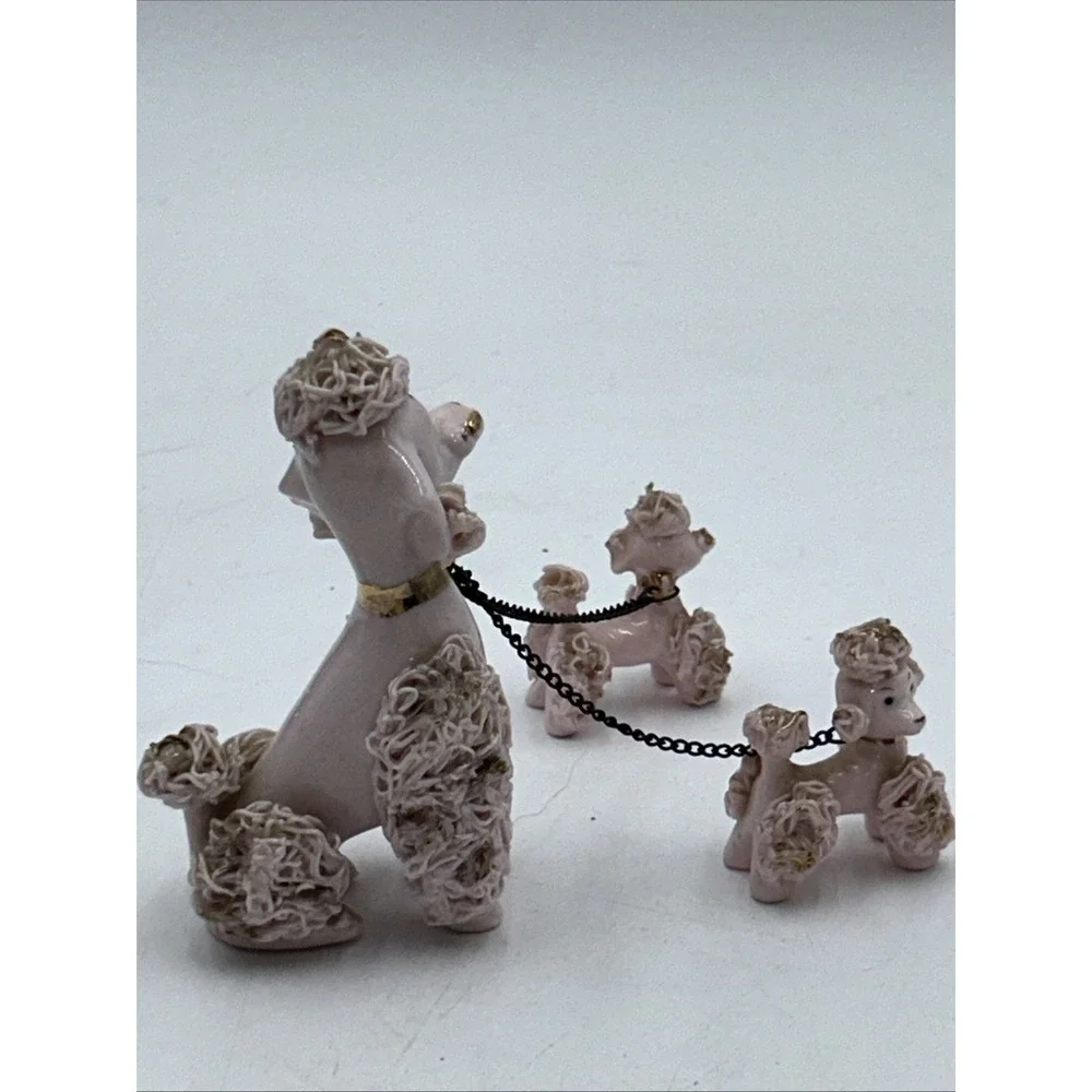 Vintage Napco Pink Spaghetti Poodle Mom and Two Puppies Ceramic Figurines